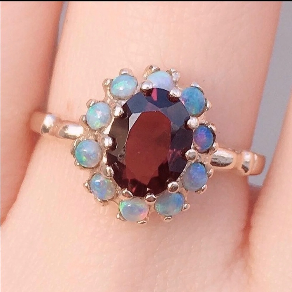 14k Mid Century Modern Opal Garnet Ring